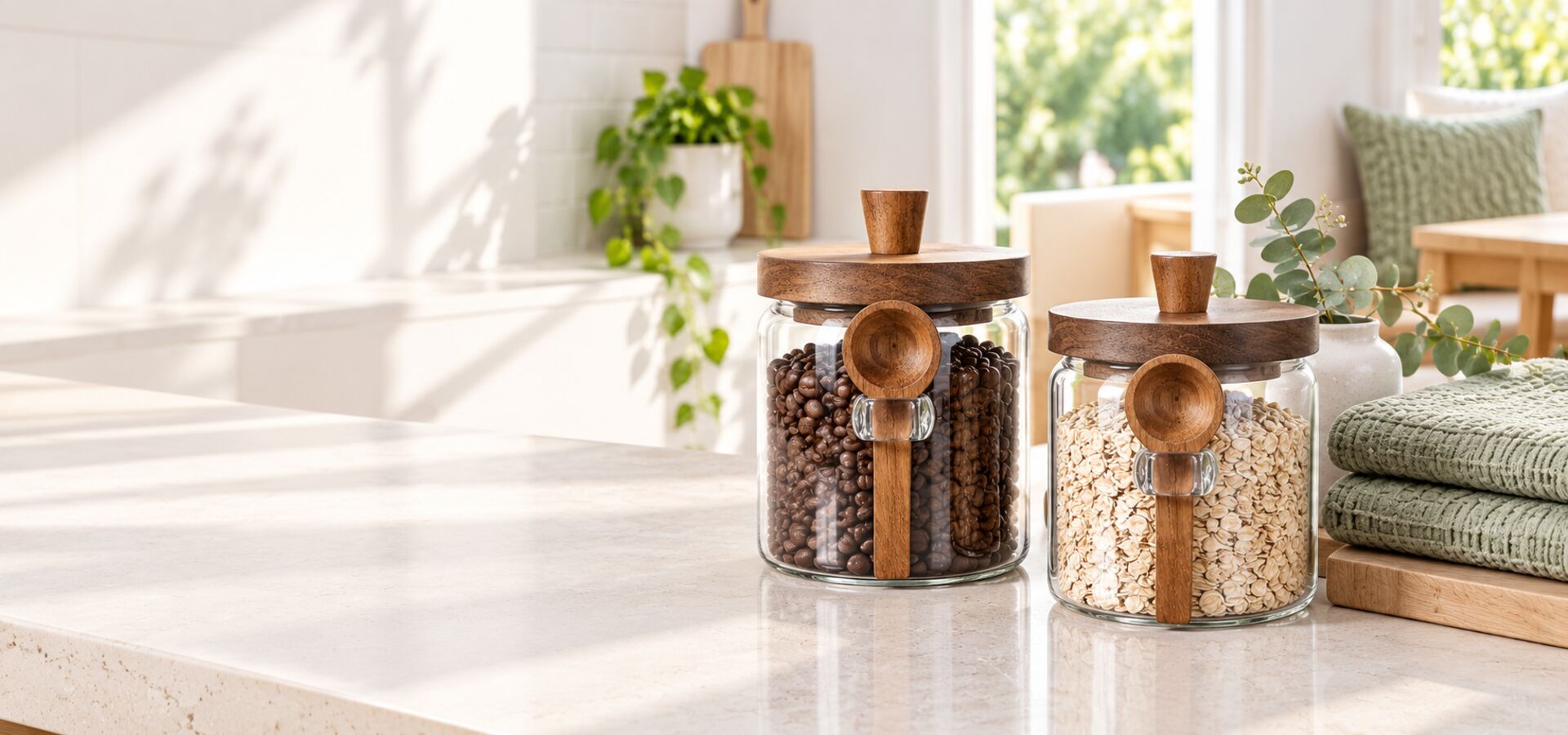 Glass storage jars with wooden lids beside folded sage fabric and greenery.