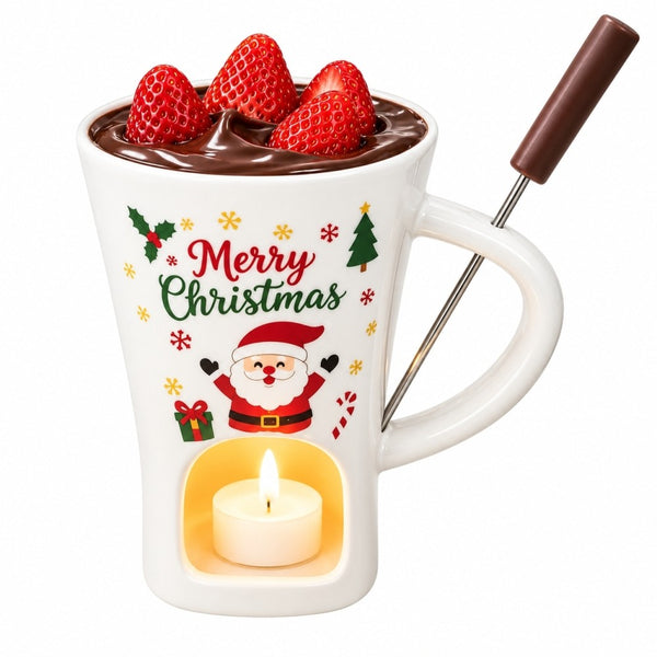 Chocolate Fondue Mug – Christmas Ceramic Fondue Set with Tea Light Warmer & Fork