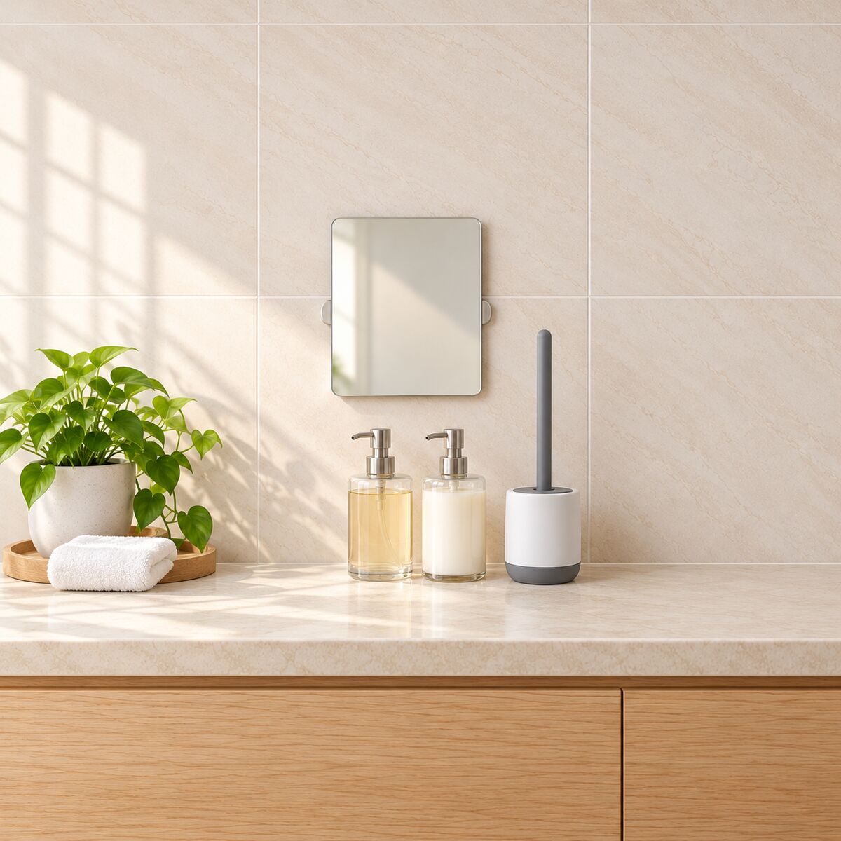 Anti-fog shower mirror on tiles, silicone toilet brush in holder, two clear pump bottles on a vanity.