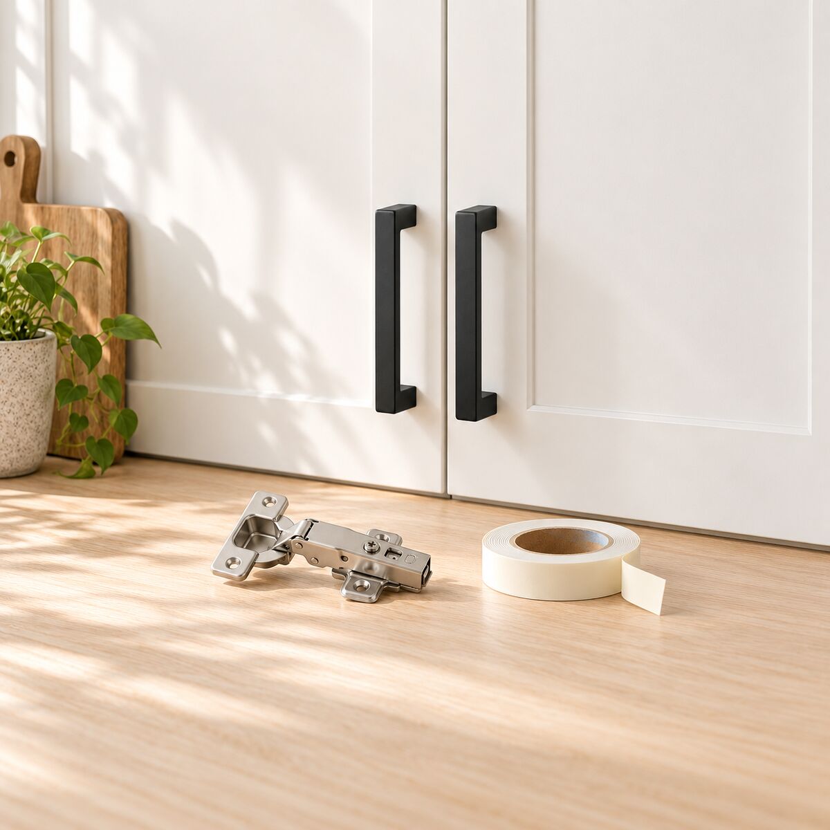 Matte black cabinet handles on a white kitchen cupboard, soft-close hinge and a roll of double sided tape.