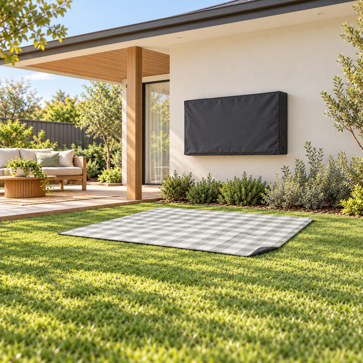 Waterproof picnic blanket by a lake, outdoor TV cover on a patio television behind.