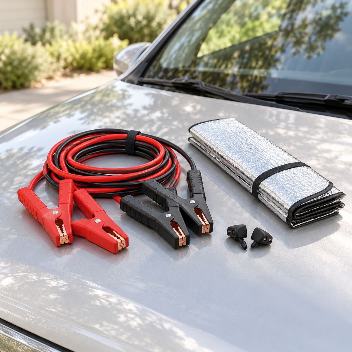 Red and black jumper leads coiled on a car bonnet, folding window sunshade and washer nozzles.