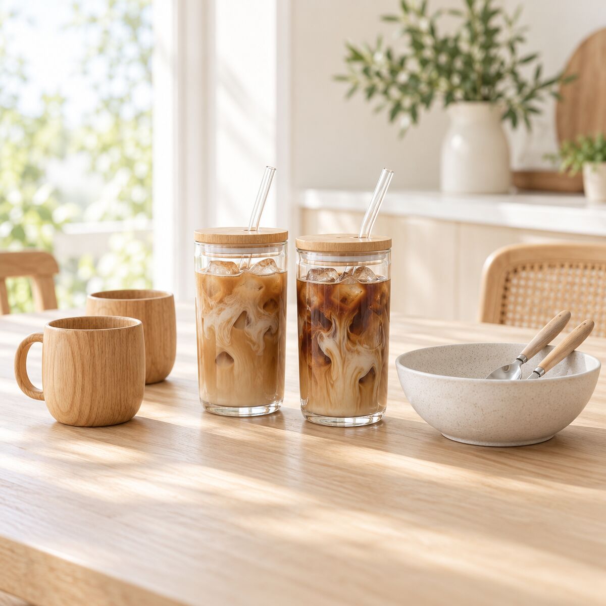 Two iced-coffee glass cups with lids and straws, wooden mugs and a wheat-straw bowl and cutlery set.