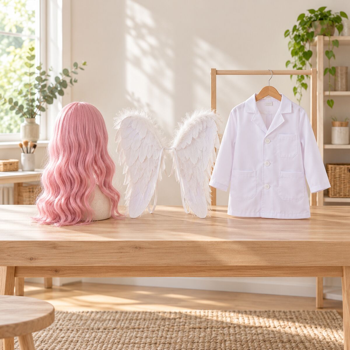 Long pink wavy wig on a mannequin head beside feather fairy wings and a kids lab coat on a hanger.