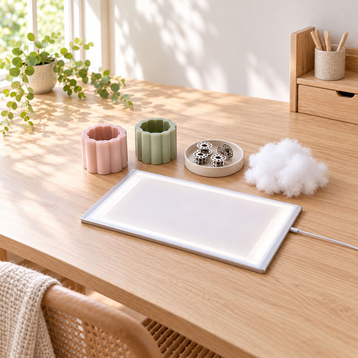Silicone candle moulds, metal sewing bobbins, fibre filling and an LED tracing board on a craft desk.