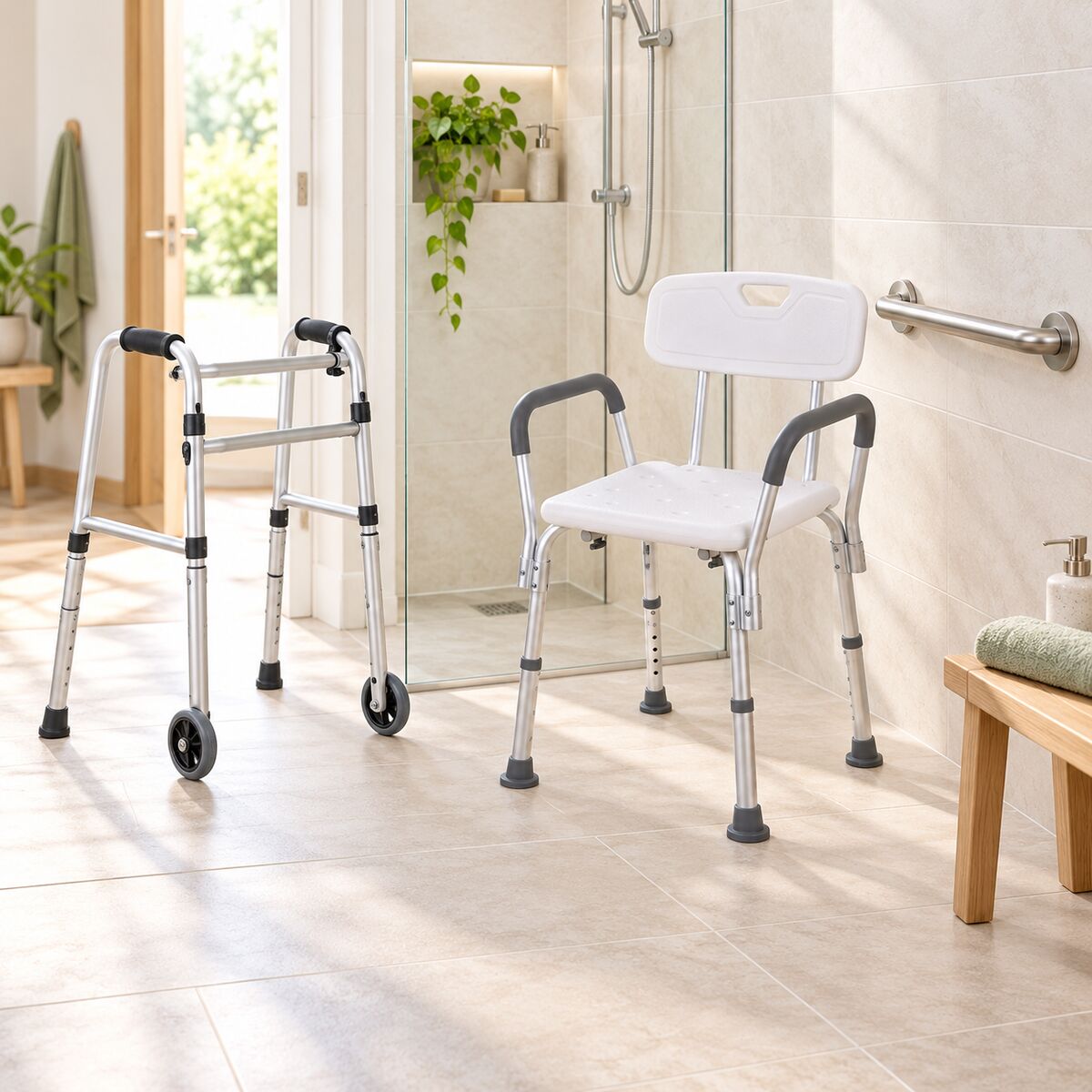 Bathroom with shower chair, grab rail and a walking frame in the doorway, warm light.