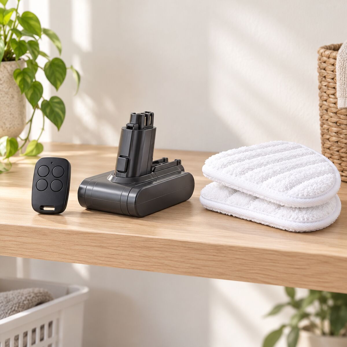 Universal garage door remote, a Dyson-style stick-vac battery and steam mop pads on a shelf.