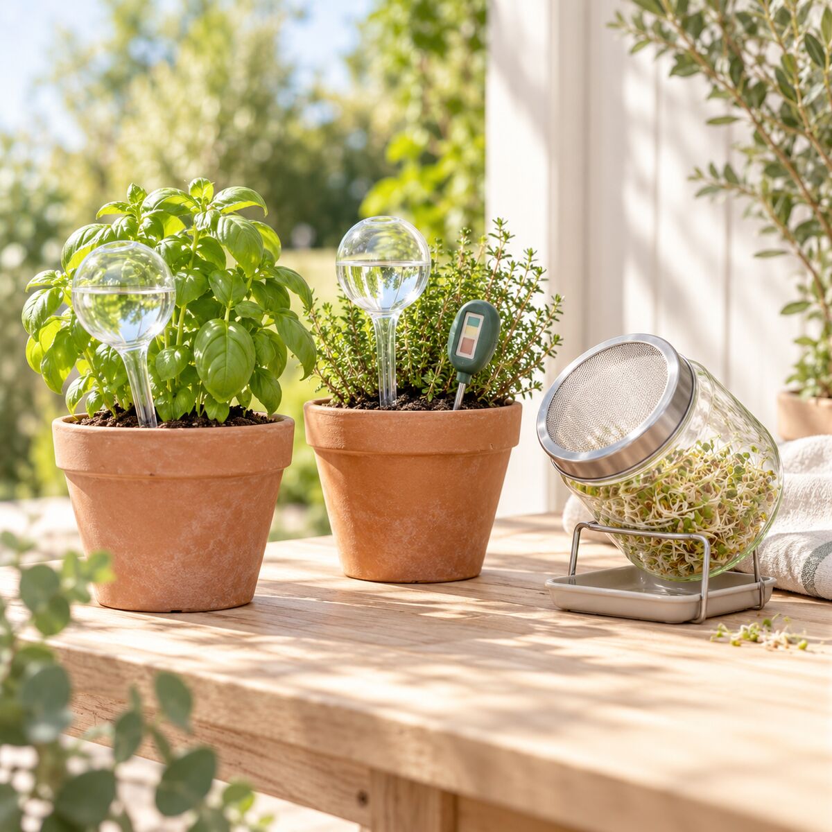 Self-watering glass spikes in potted plants, soil moisture meter in the soil, sprouting jar kit.
