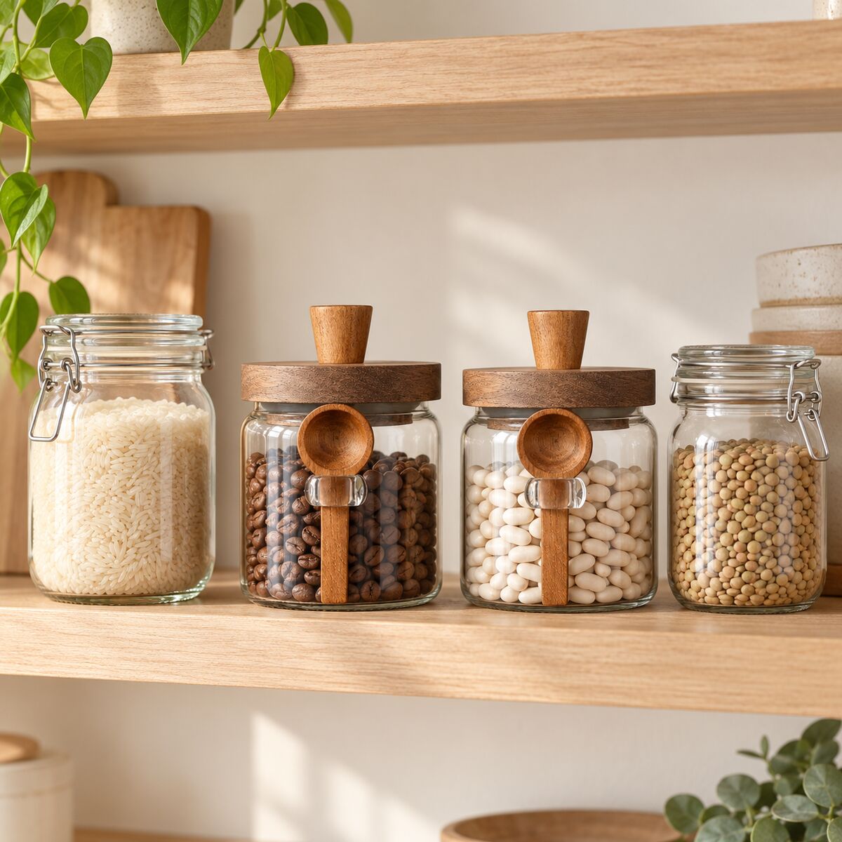Pantry shelf of glass mason jars and wooden-lid storage jars filled with rice, beans and coffee.