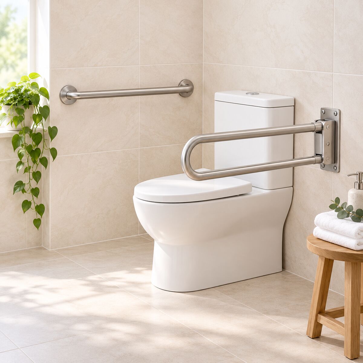 Stainless steel grab rail on a bathroom wall, flip-up toilet rail beside a toilet.
