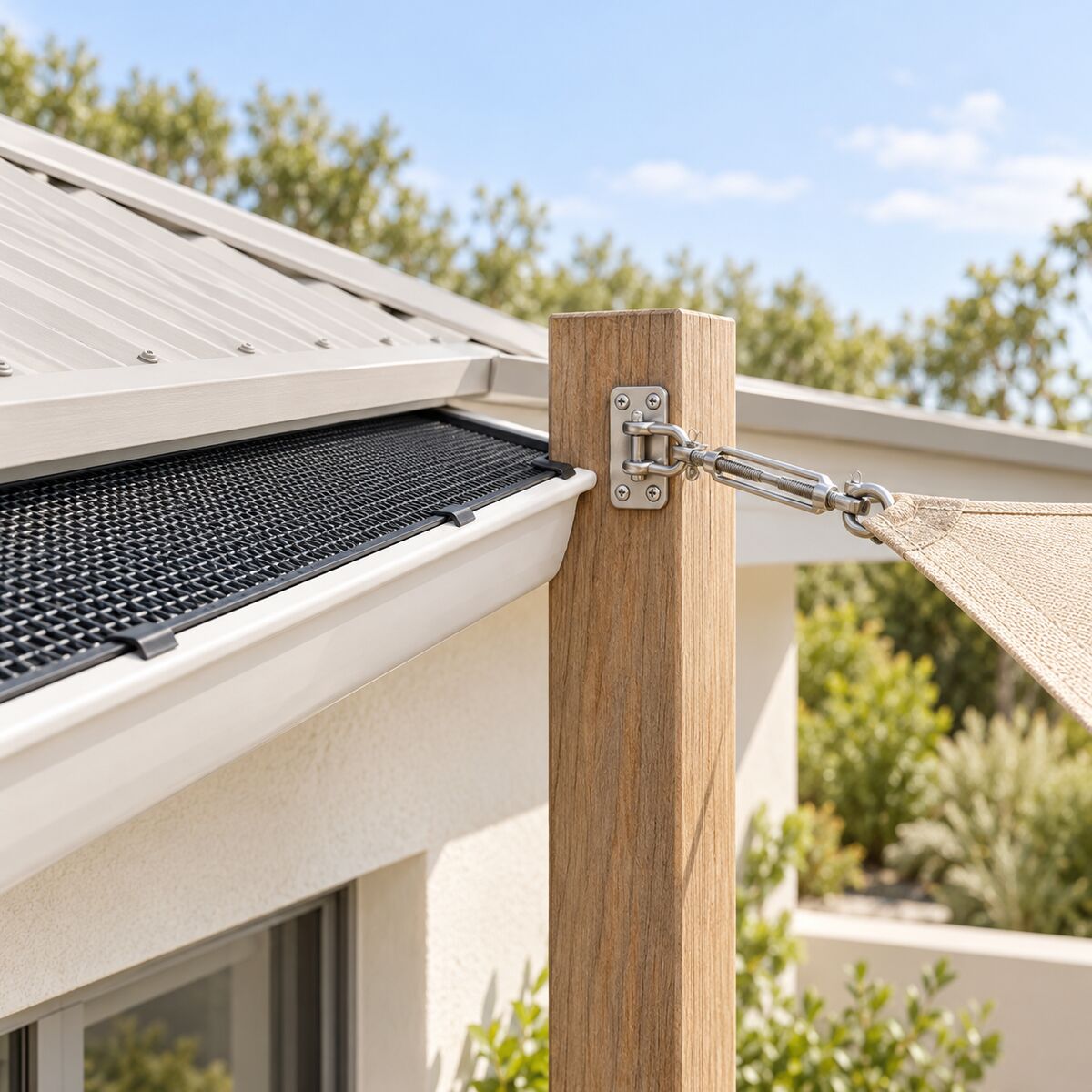 Gutter guard mesh installed on a house gutter, stainless pad-eye plates on a shade sail post.