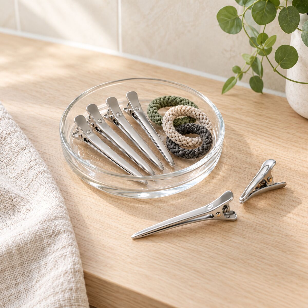 Metal duck-bill sectioning clips and braided hair ties in a glass dish on a vanity.