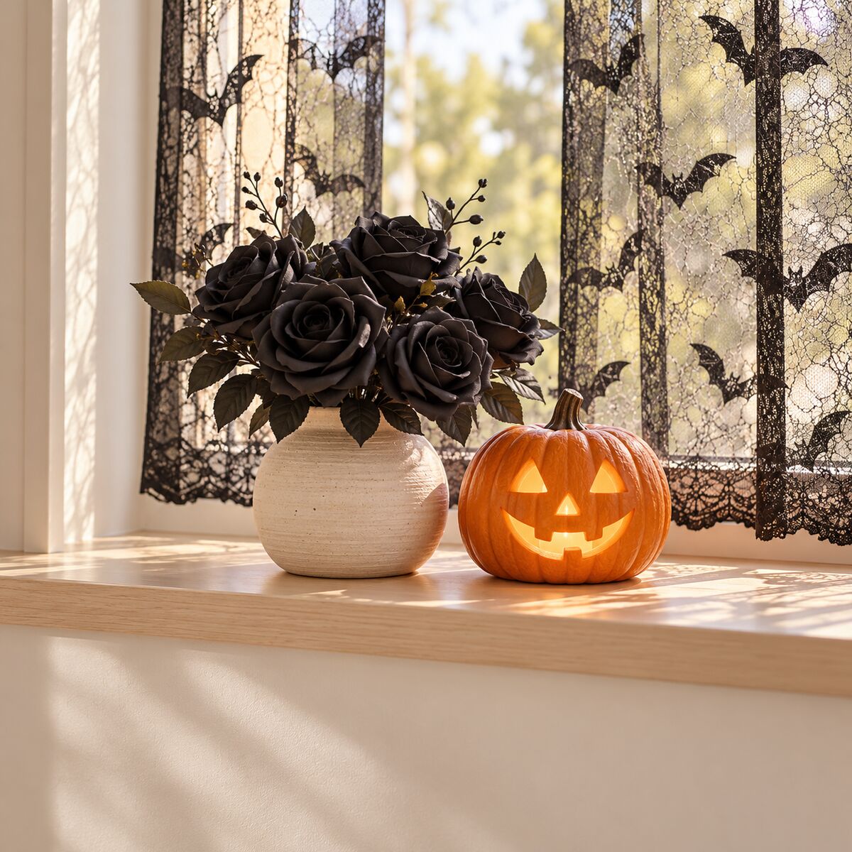 Window with black lace bat curtain, black artificial roses in a vase, carved pumpkin glow.