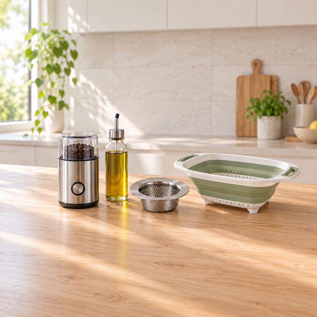 Electric coffee grinder, oil dispenser, sink strainer and expandable colander on a kitchen bench.