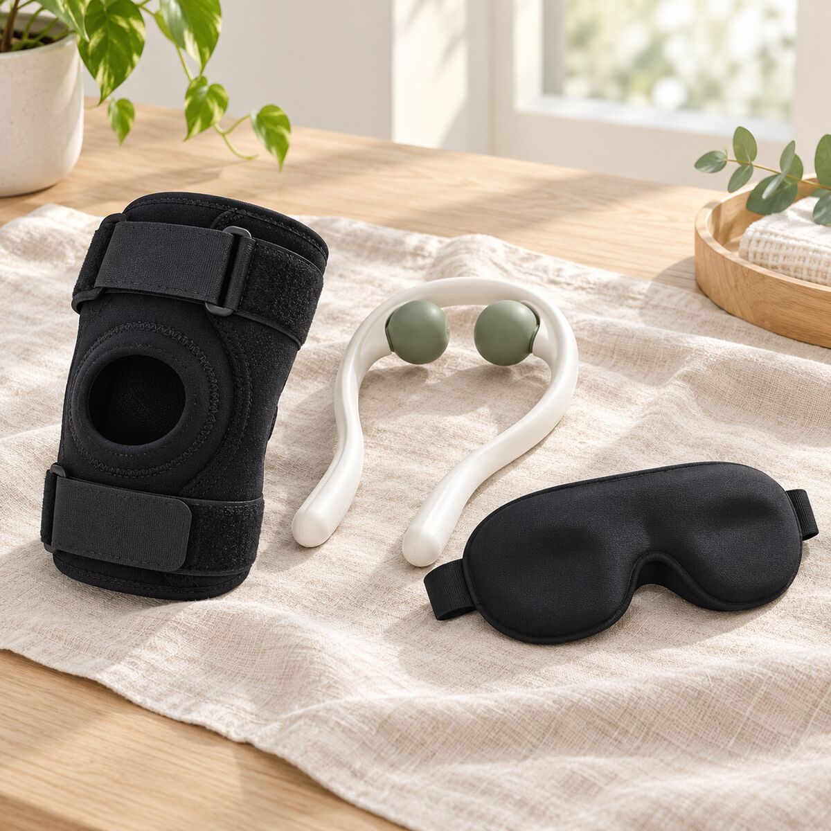 Patella knee brace, trigger-point neck massager and a memory foam sleep mask on a linen surface.