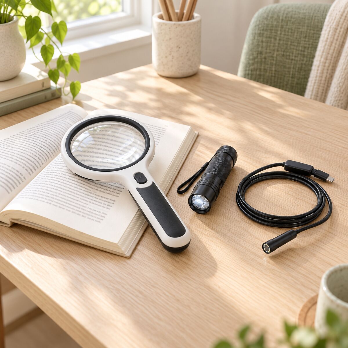 Handheld LED magnifying glass over a book, UV torch and an endoscope camera coiled beside it.