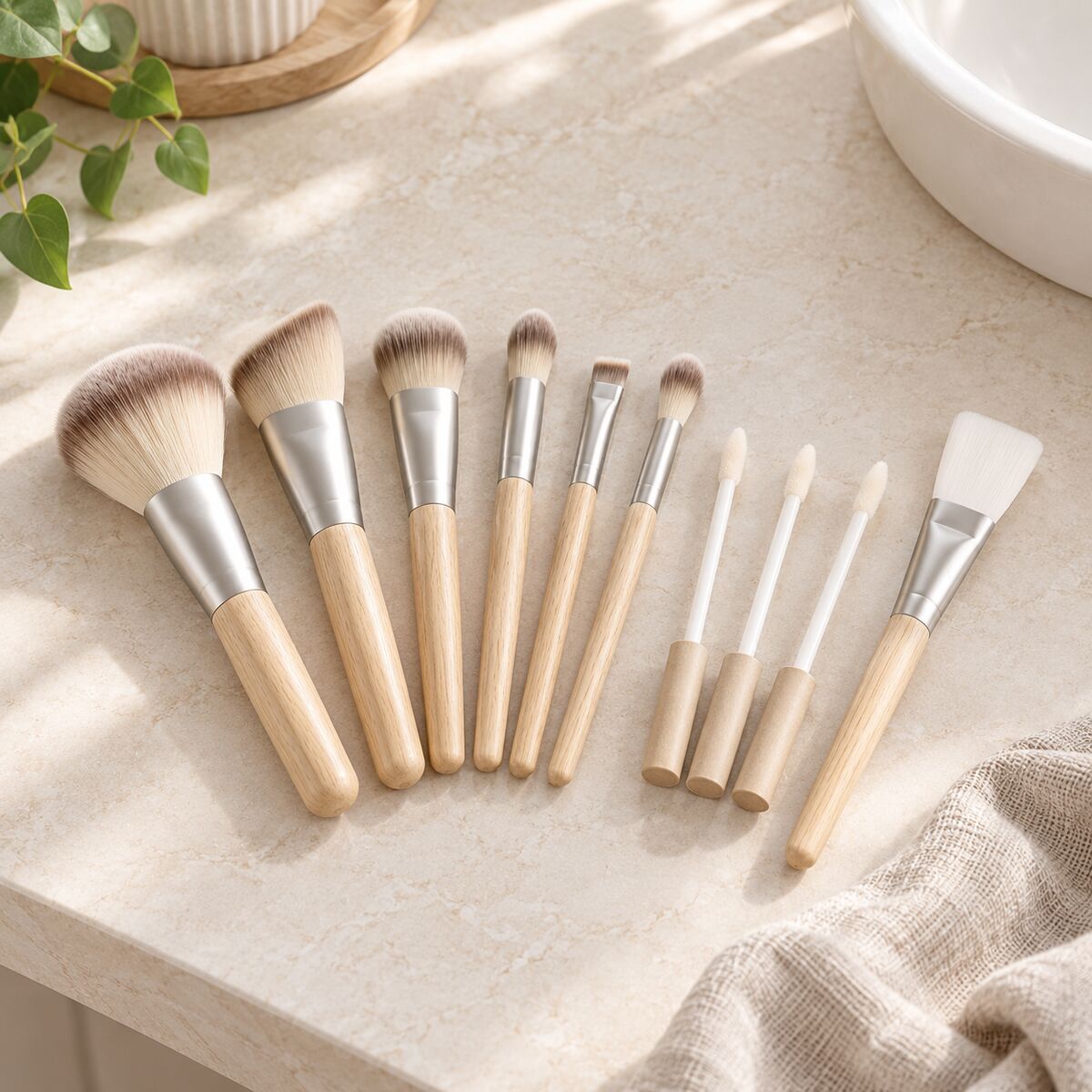 Contour brush set fanned out with disposable lip wands and a flat face-mask brush.