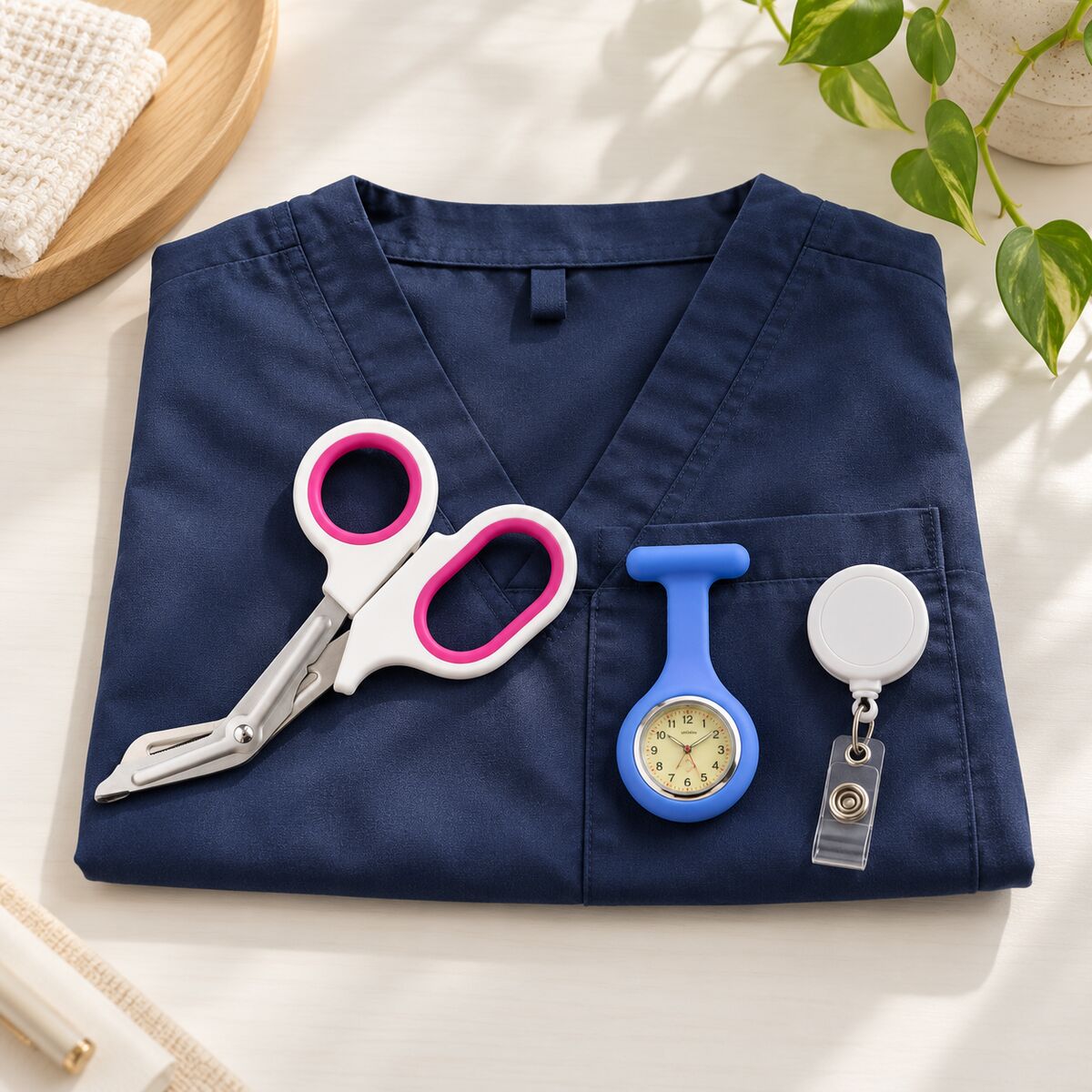 Silicone fob watch clipped to a scrub pocket, trauma shears and badge reel on a desk.