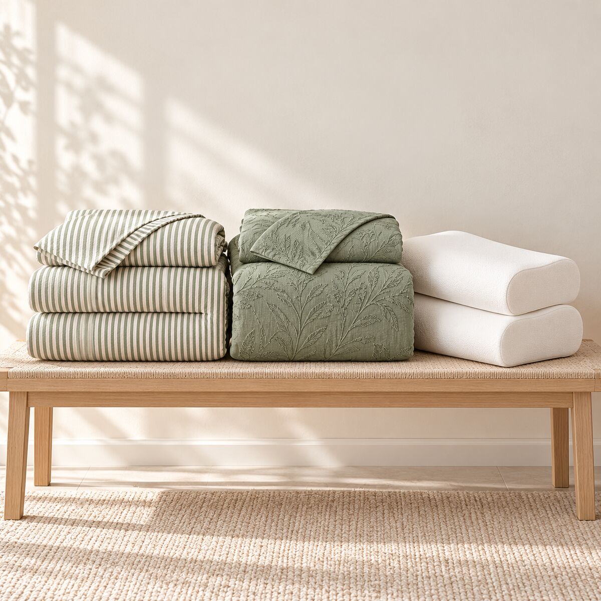 Folded quilt cover sets in sage stripe and floral jacquard beside two contour memory foam pillows.