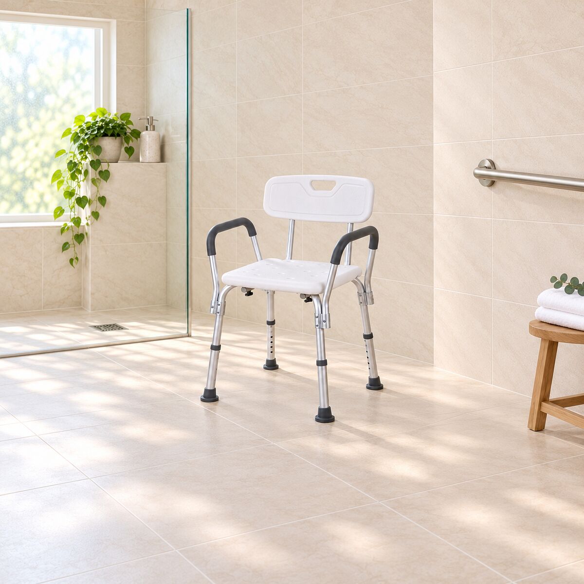 Aluminium shower chair with backrest and armrests in a tiled shower recess.