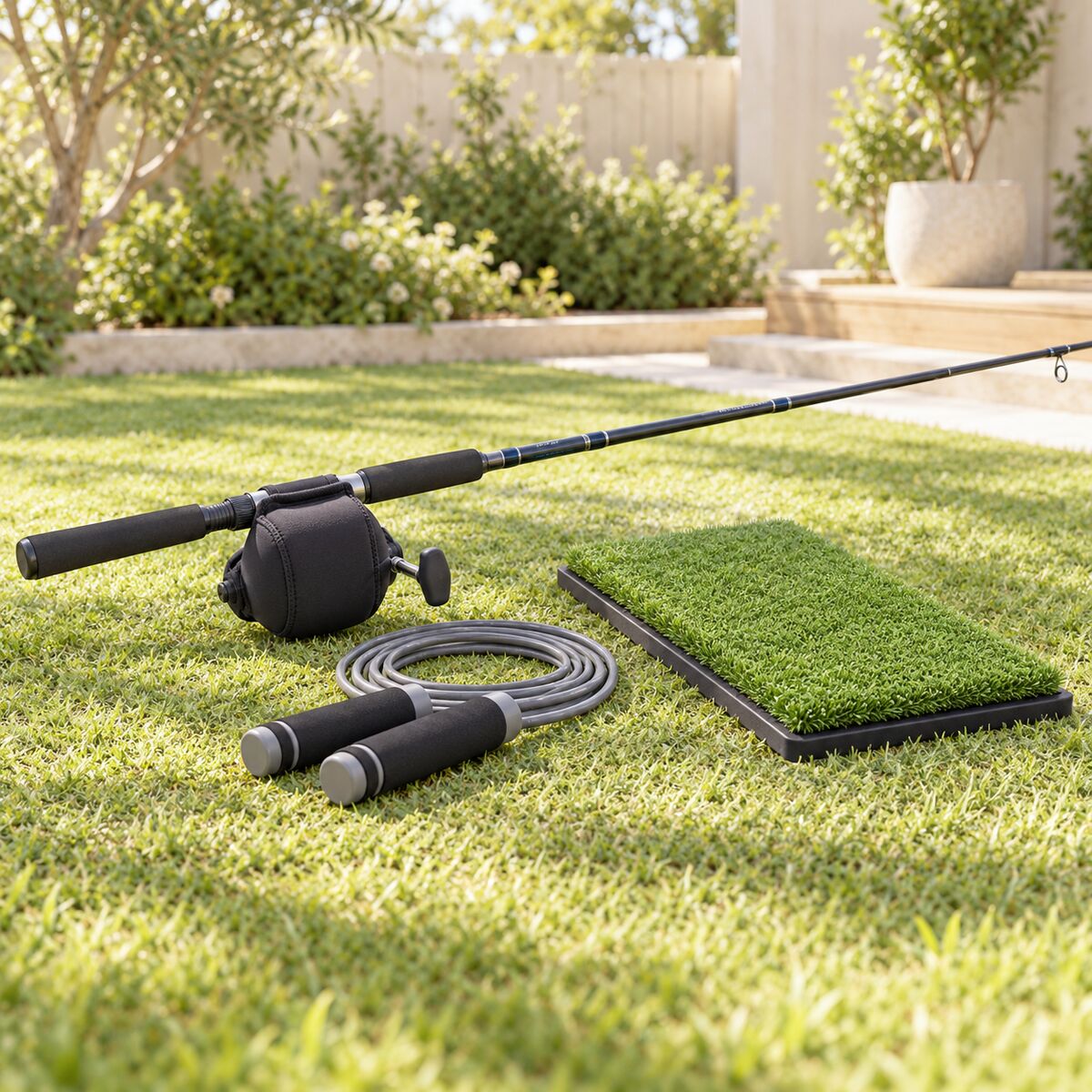 Neoprene fishing reel cover on a rod, long skipping rope and golf training mat on grass.