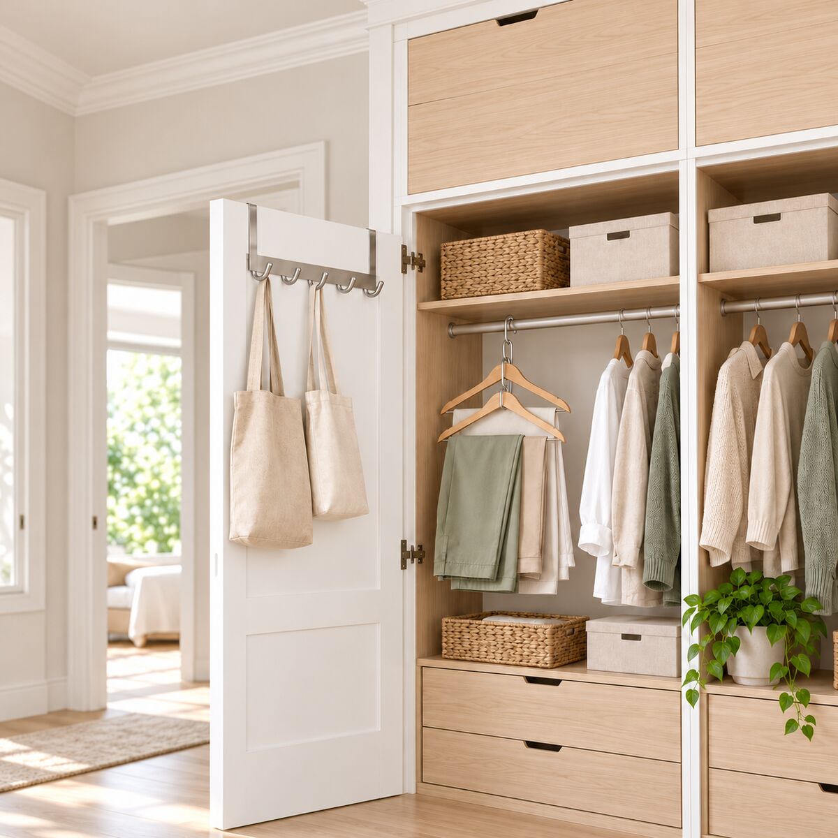 Over-door hanger with five hooks holding bags, multi-layer hanger hook with folded clothes in a tidy wardrobe.