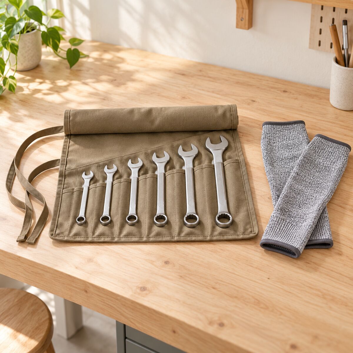 Roll-up canvas spanner organiser open on a bench with cut-resistant sleeves beside it.