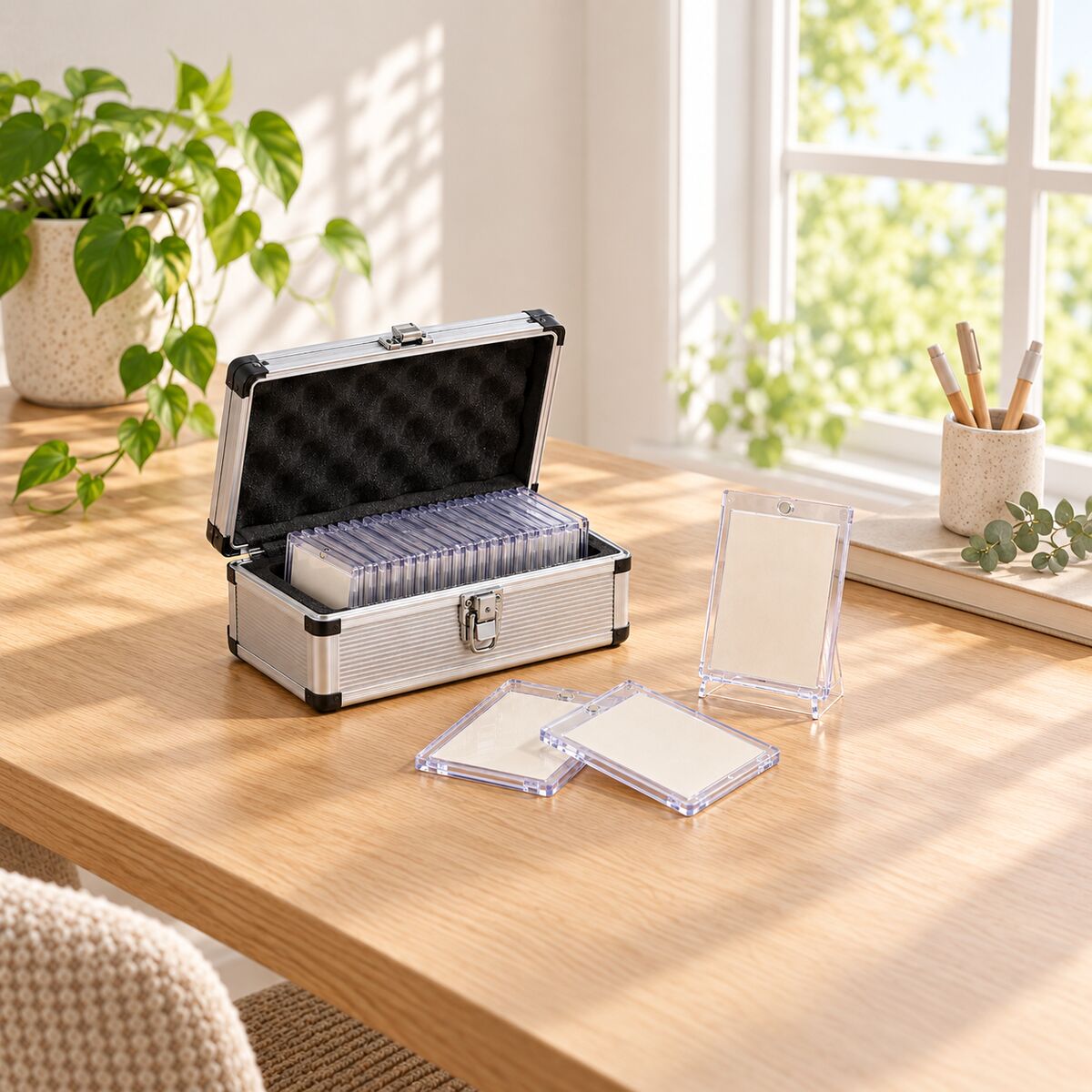 Magnetic one-touch card holders and toploaders in an aluminium storage case, display stand beside.