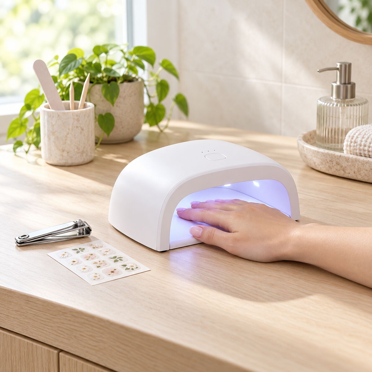 White UV LED nail lamp with a hand resting inside, nail clippers and nail stickers beside it.