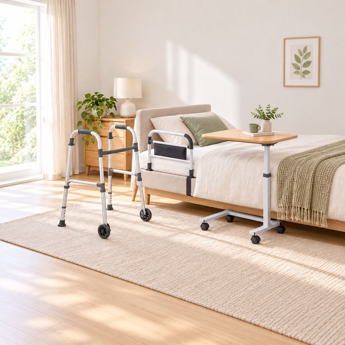 Folding walking frame with wheels beside a bed fitted with an adjustable bed rail, overbed table on wheels.