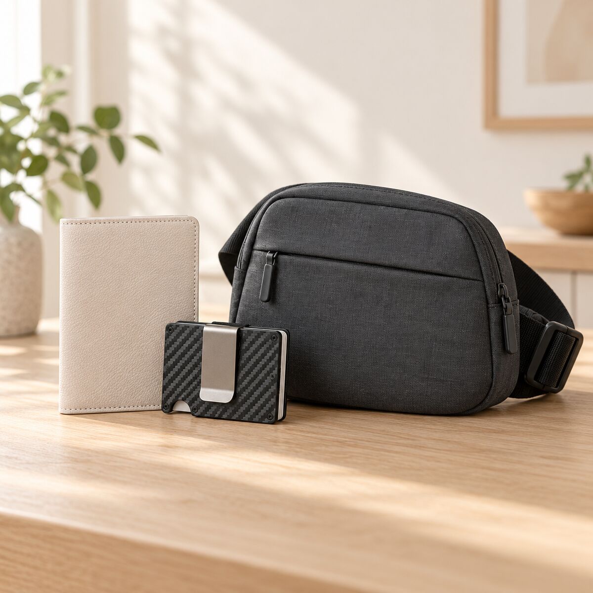 Slim carbon-fibre RFID wallet, passport holder and anti-theft sling bag on a timber table.