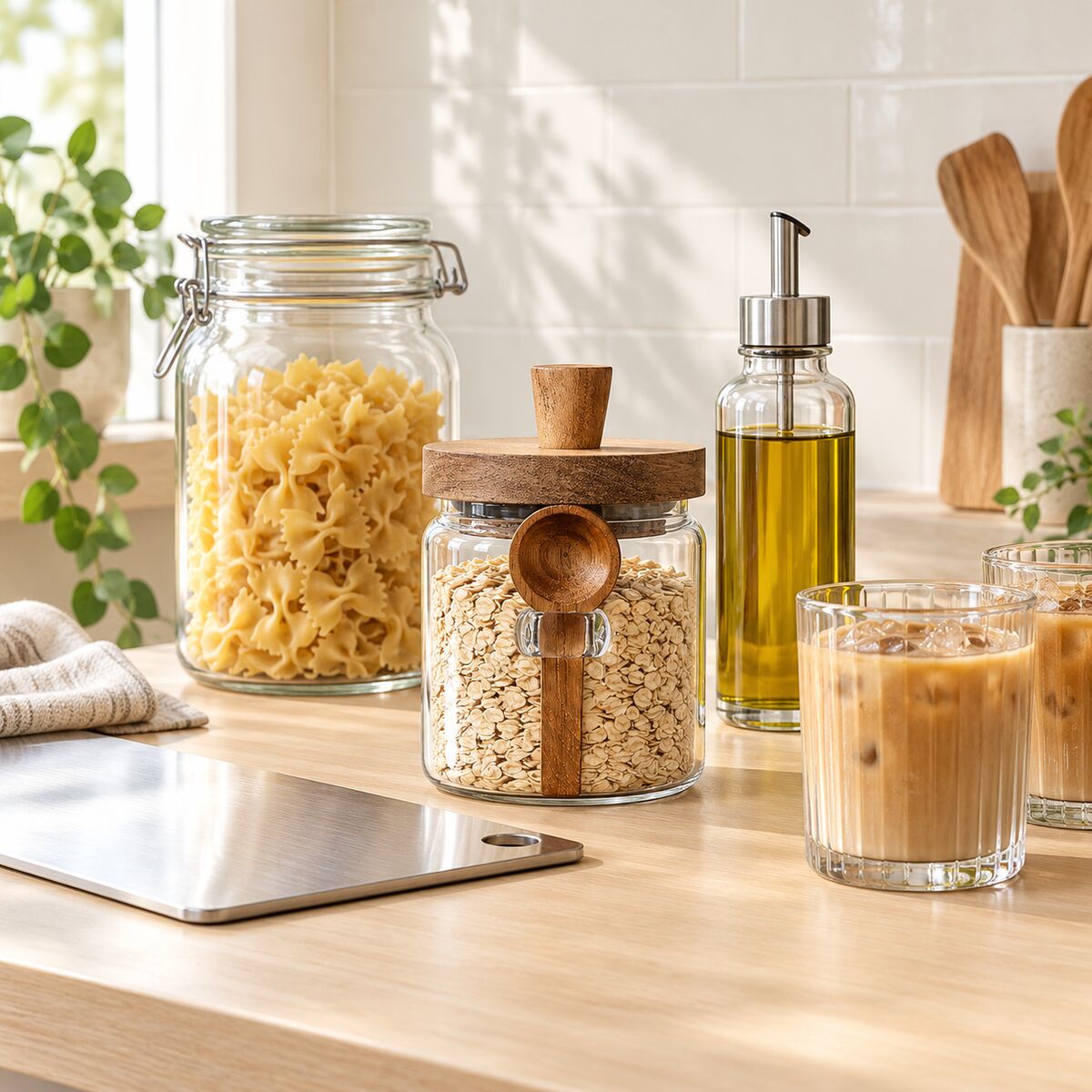 Timber kitchen bench with glass mason jars of oats and pasta, an olive oil dispenser, a stainless steel chopping board and two iced-coffee glass tumblers.