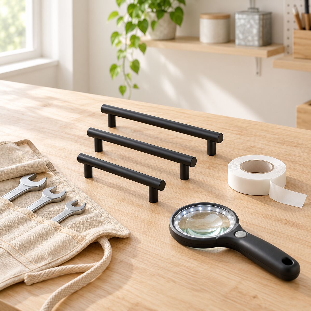 Workbench with matte black cabinet handles, a roll of double sided mounting tape, a roll-up canvas spanner pouch and an LED magnifying glass.