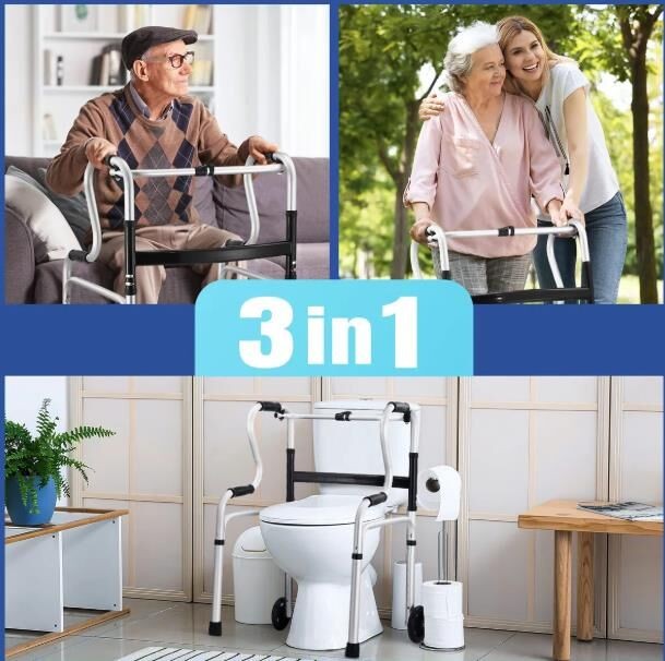 3-in-1 Folding Medical Walker Walking Frame with Wheels Adjustable Mobility Aid