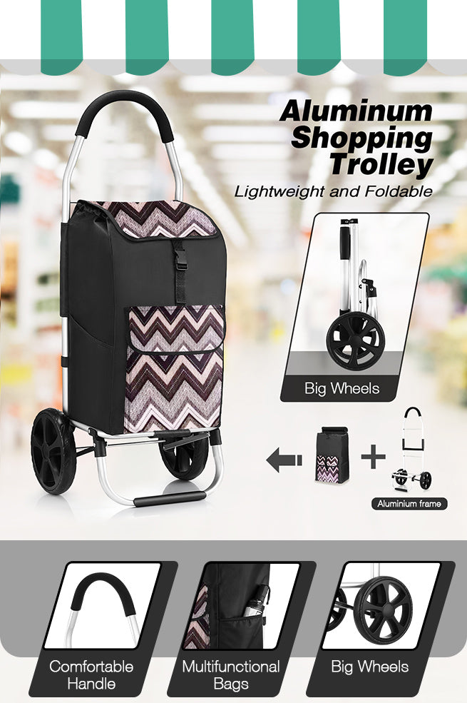 Foldable Aluminium Shopping Trolley Cart with Grocery Bag Heavy Duty Wheels