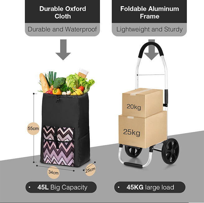 Foldable Aluminium Shopping Trolley Cart with Grocery Bag Heavy Duty Wheels
