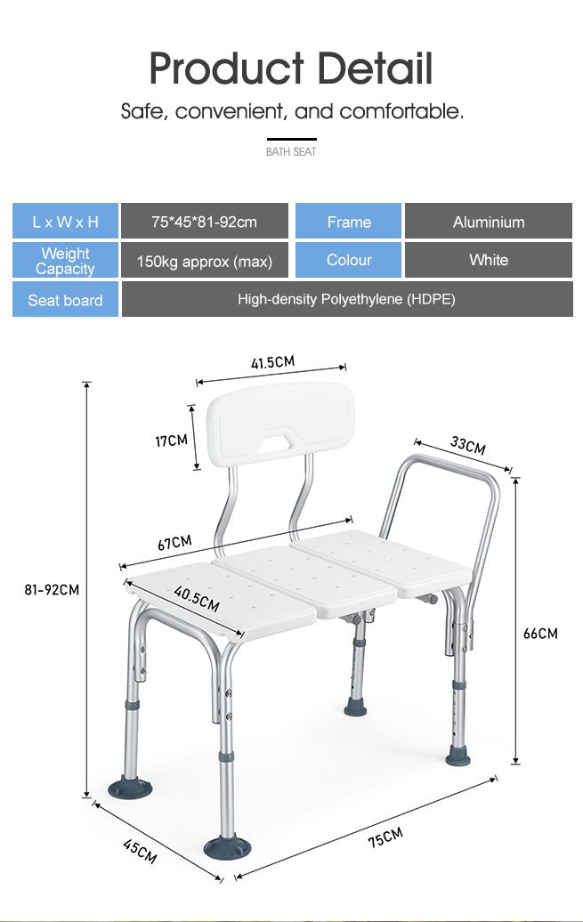Adjustable Shower Transfer Bench Seat with Backrest Armrest Bathtub Chair
