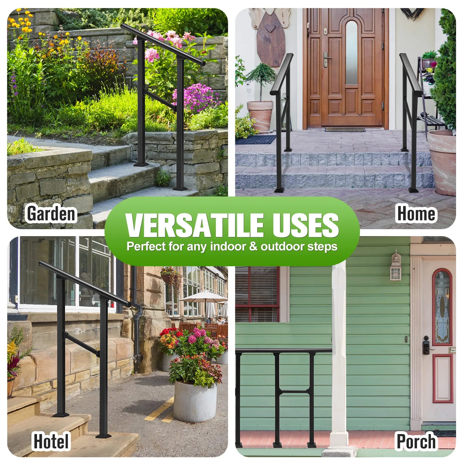 Outdoor Stair Handrail for 1–2 Steps Adjustable Metal Safety Railing Black