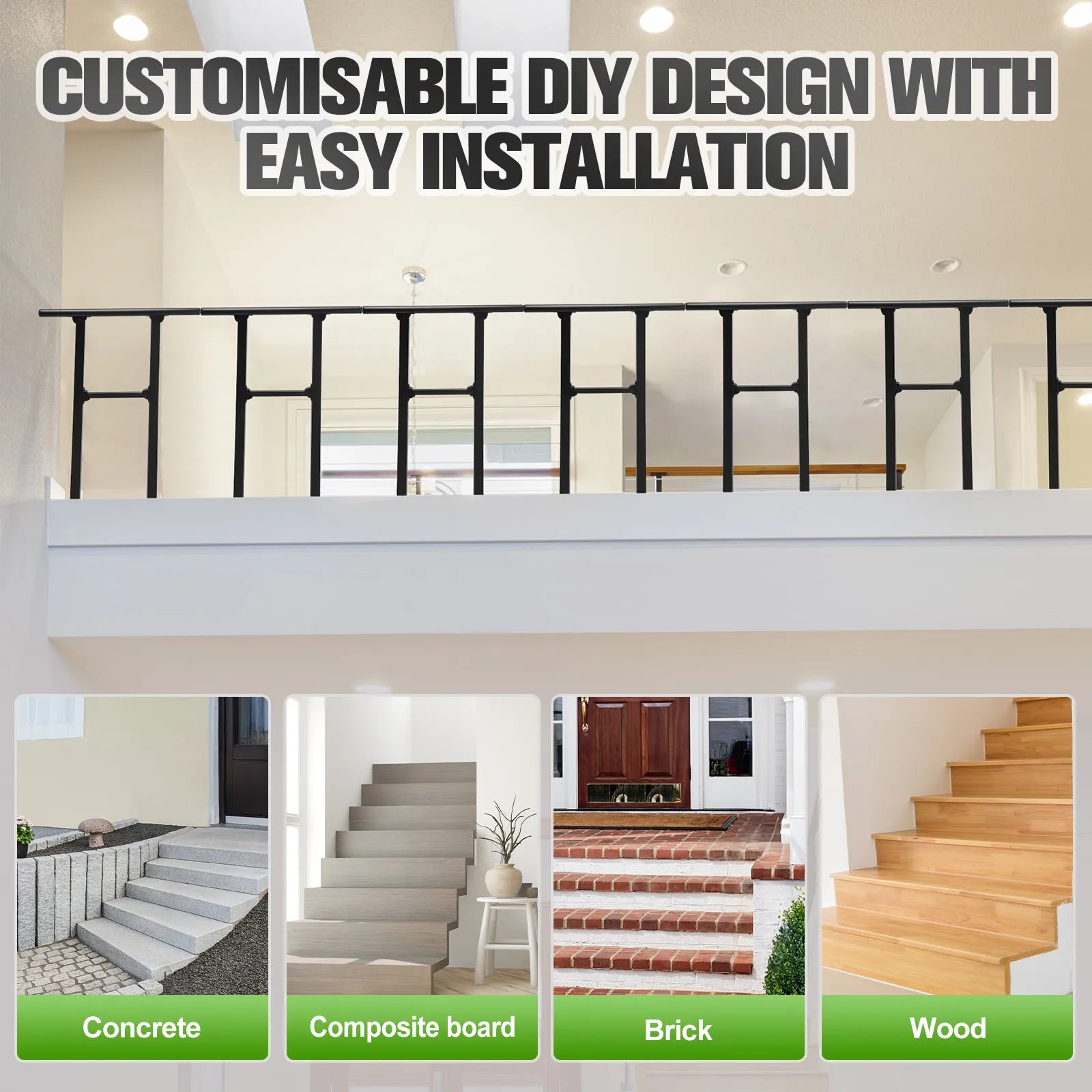 Outdoor Stair Handrail for 1–2 Steps Adjustable Metal Safety Railing Black