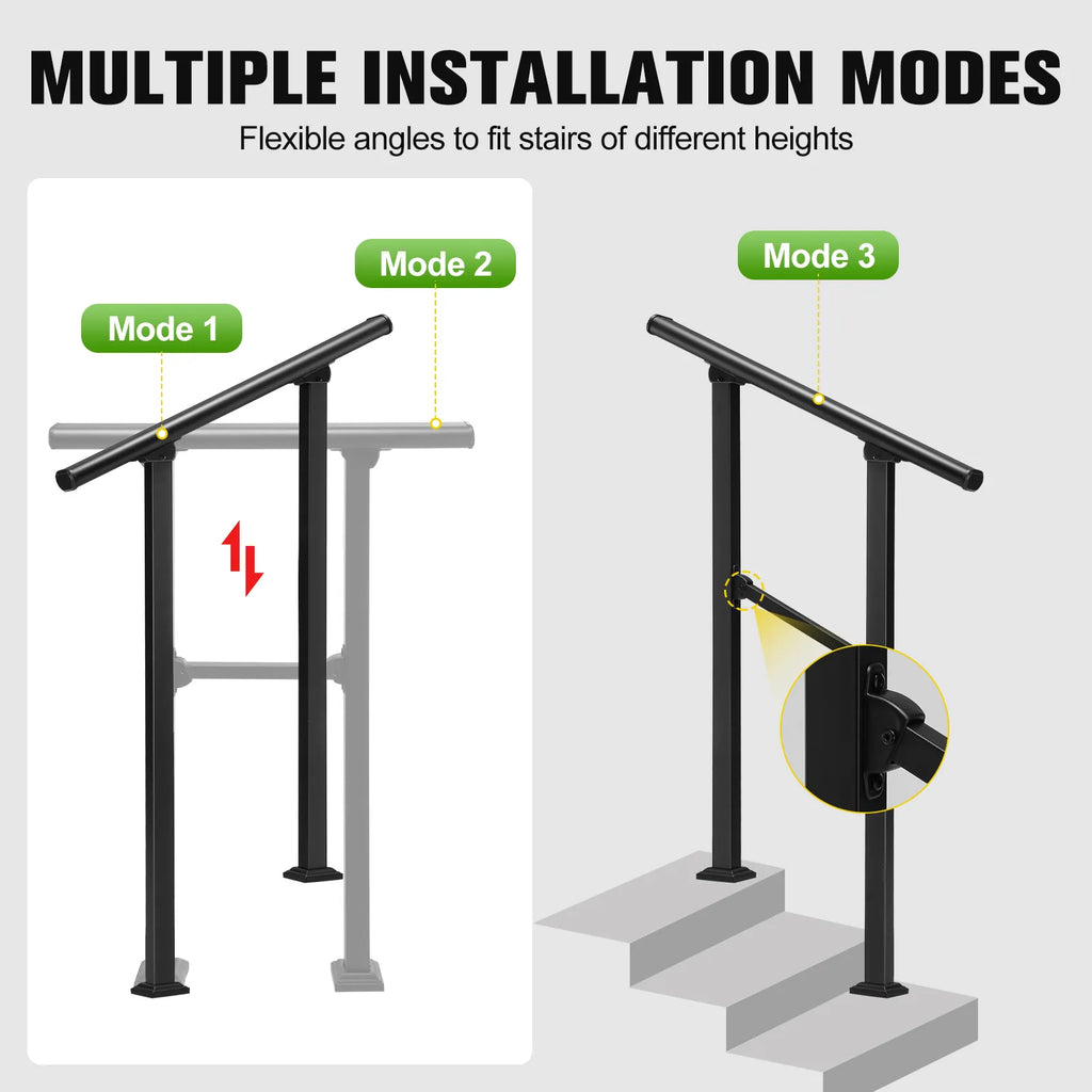 Outdoor Stair Handrail for 1–2 Steps Adjustable Metal Safety Railing Black