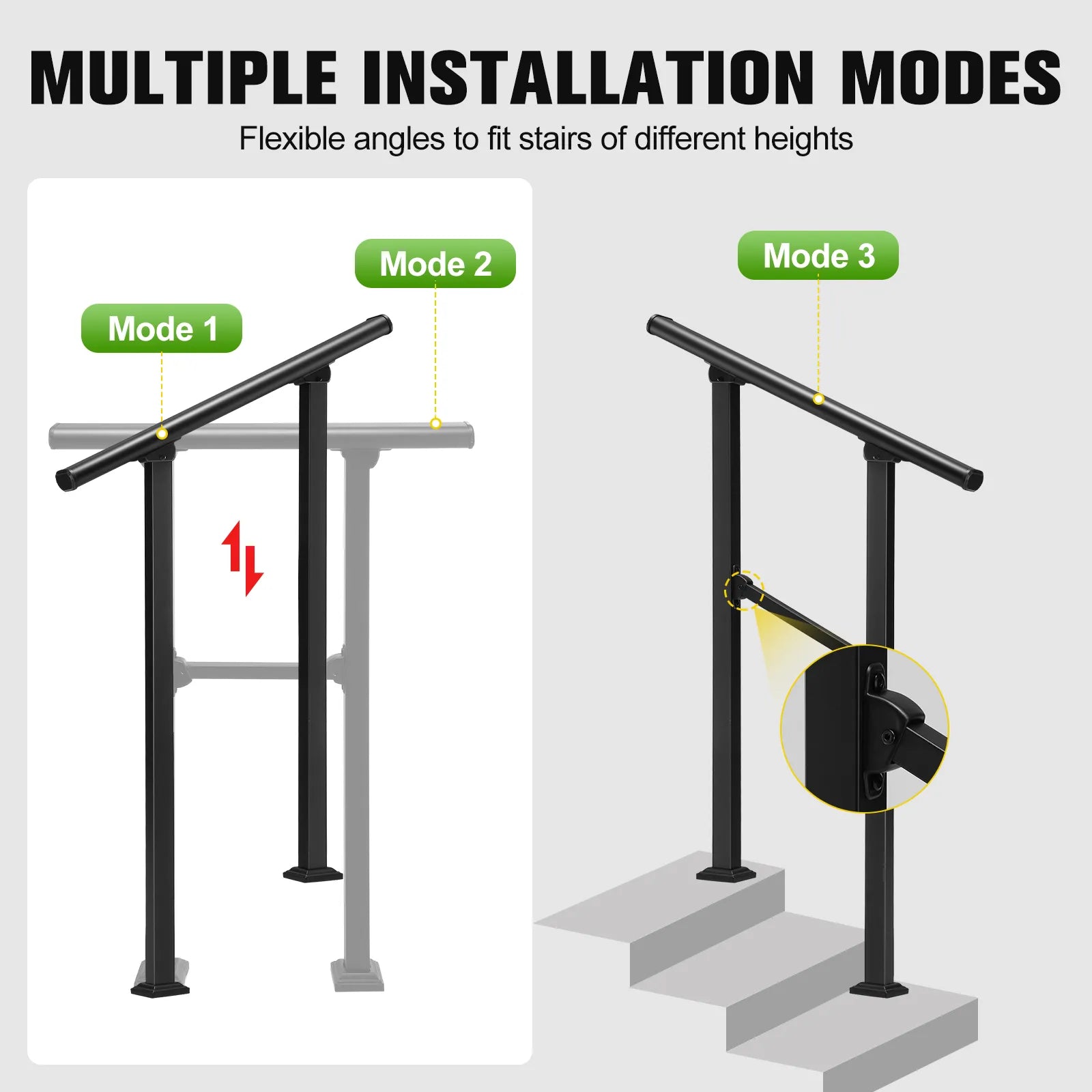 Outdoor Stair Handrail for 1–2 Steps Adjustable Metal Safety Railing Black