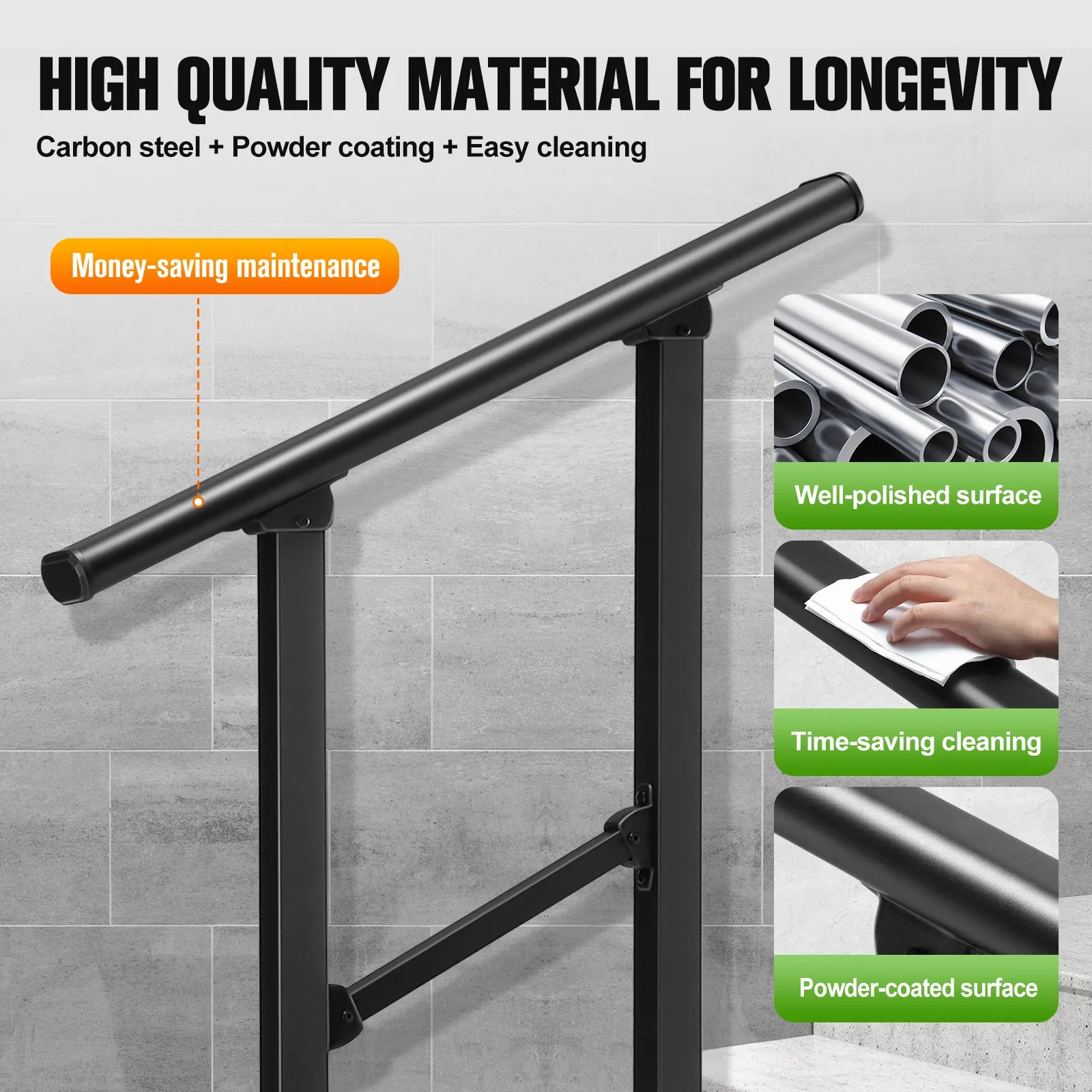 Outdoor Stair Handrail for 1–2 Steps Adjustable Metal Safety Railing Black