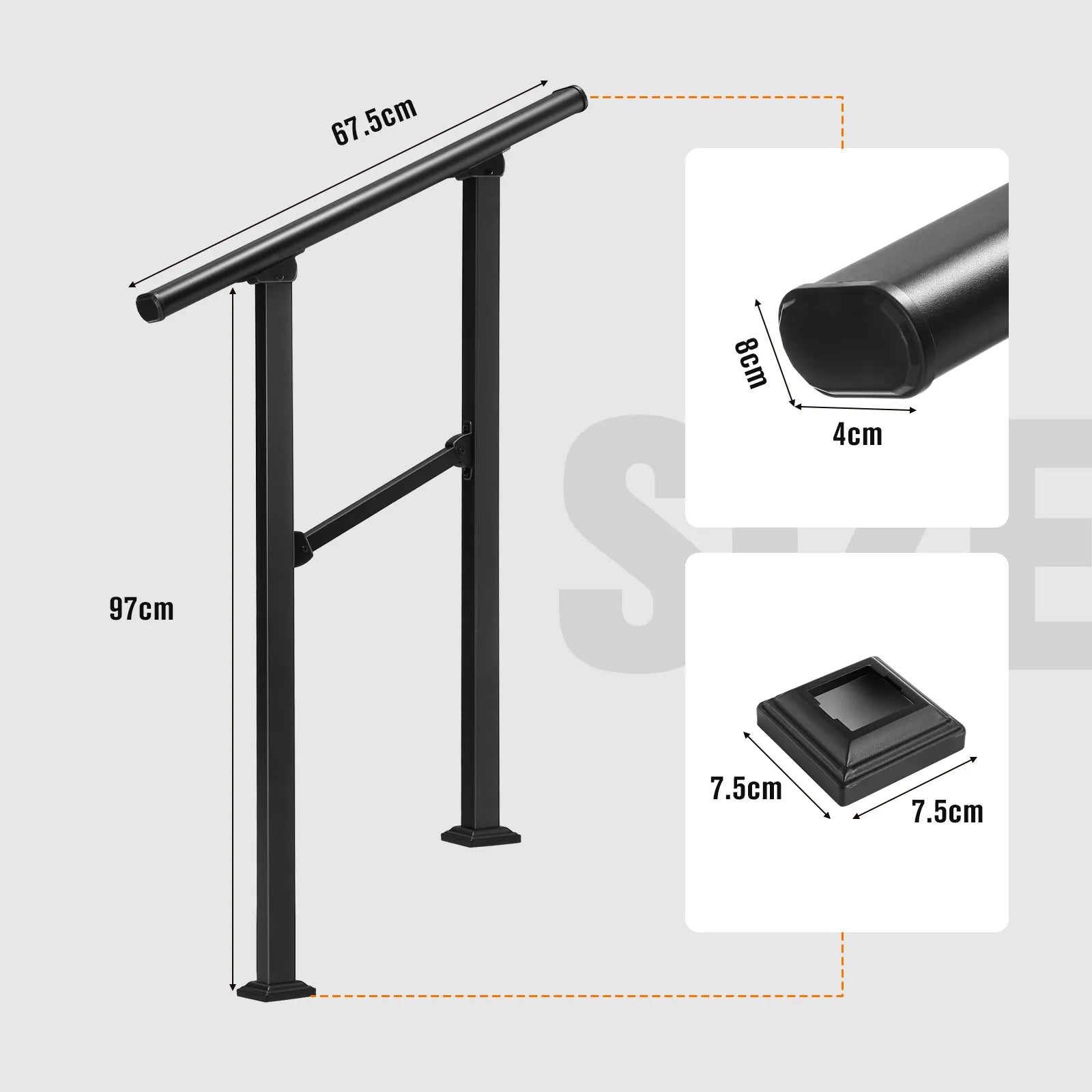 Outdoor Stair Handrail for 1–2 Steps Adjustable Metal Safety Railing Black