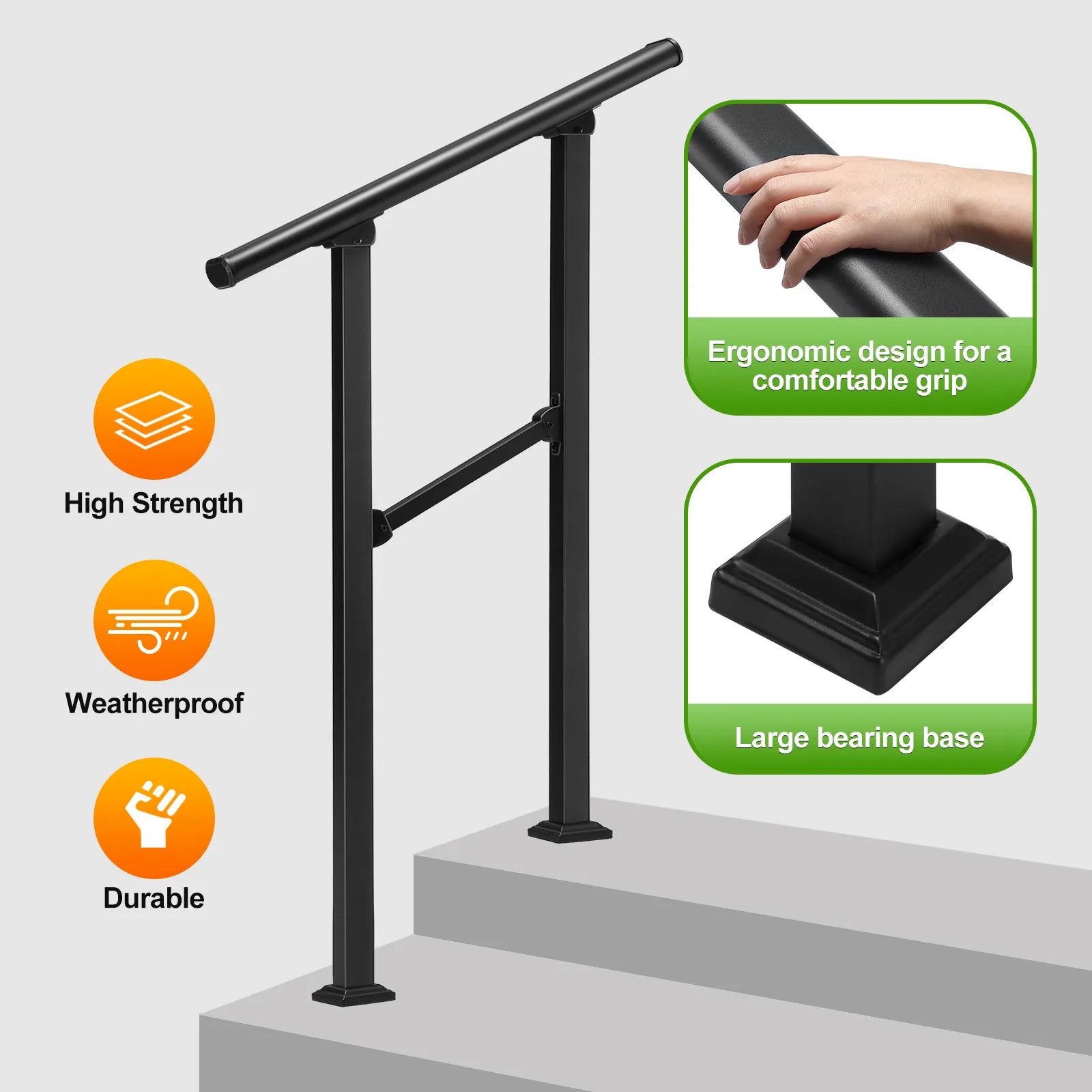 Outdoor Stair Handrail for 1–2 Steps Adjustable Metal Safety Railing Black