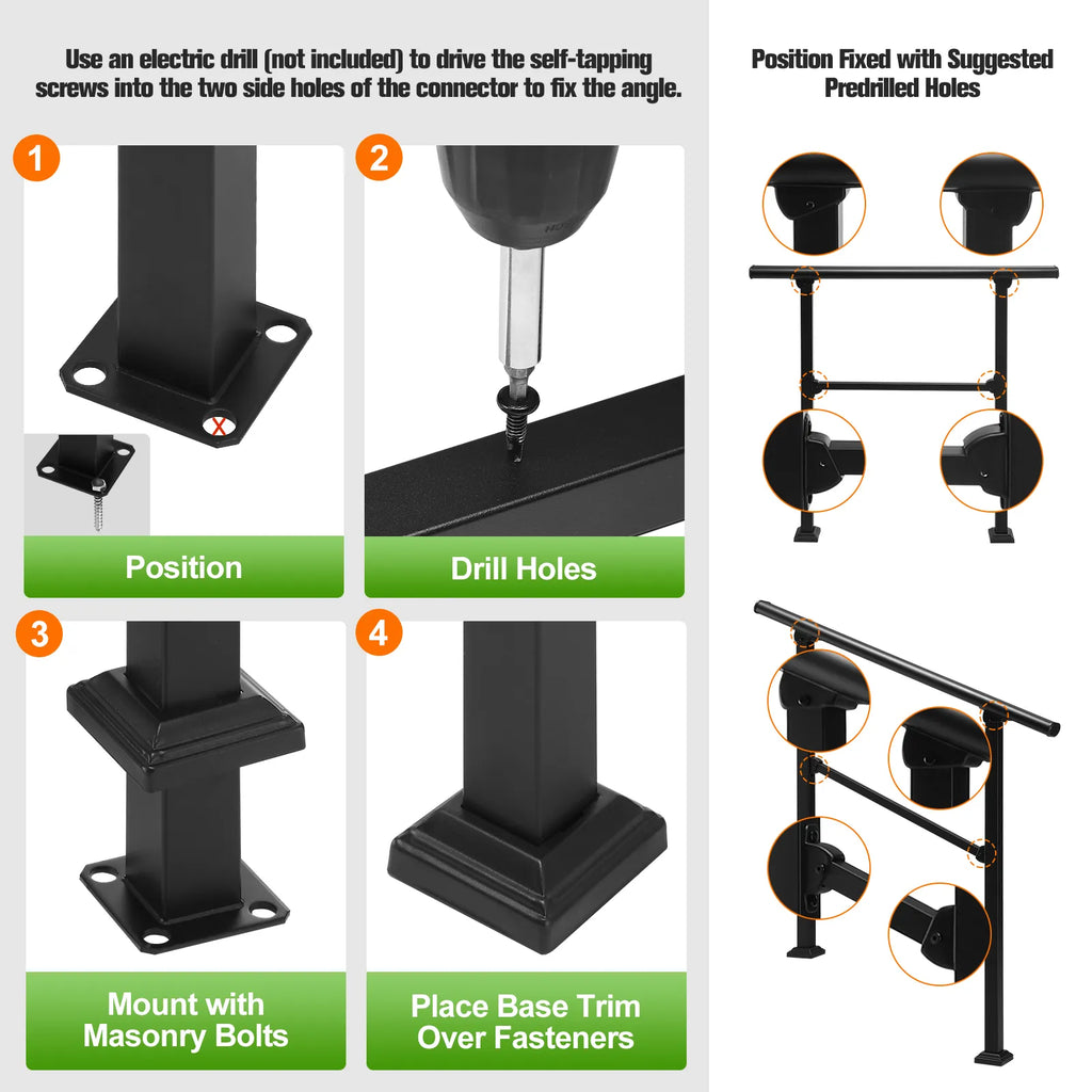 Outdoor Stair Handrail for 1–2 Steps Adjustable Metal Safety Railing Black