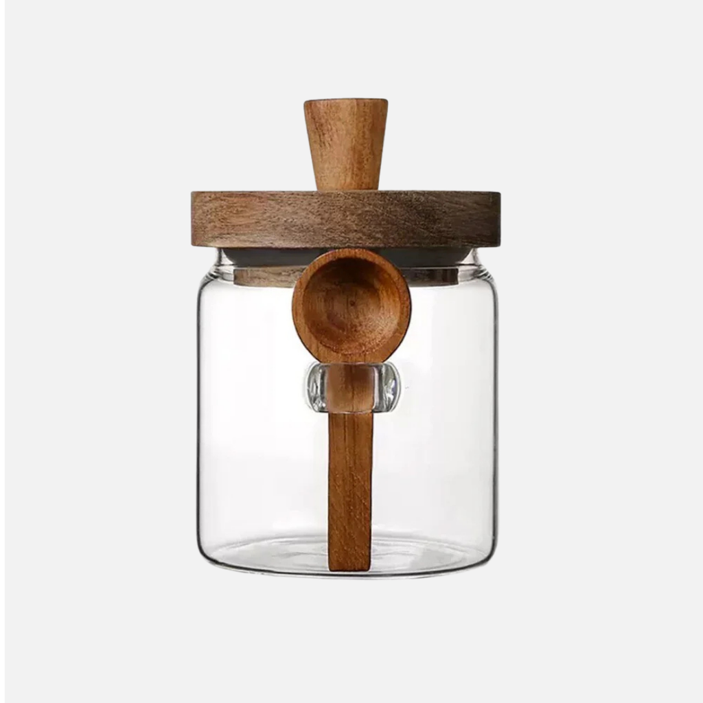 2 Pack Glass Storage Jars with Wooden Lid and Spoon – Airtight Coffee, Spice and Food Containers