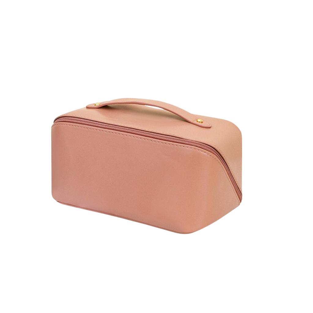 2PCS Travel Makeup Bag Set - Large Capacity Cosmetic Bag and Open Flat Toiletry Bag Pink