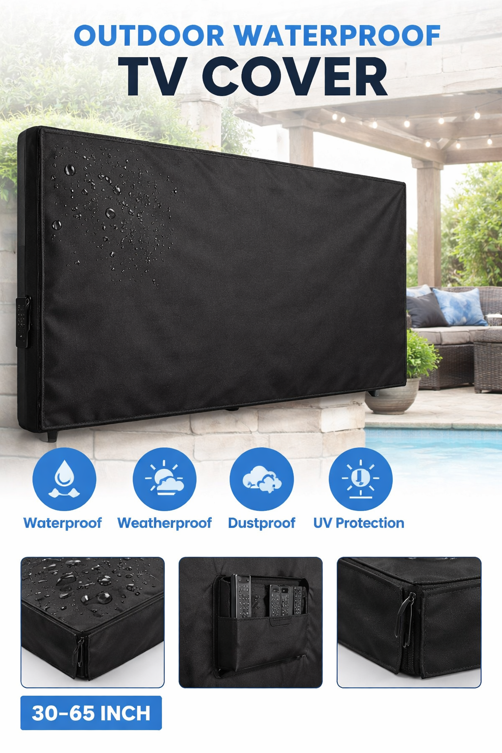 Outdoor TV Cover – Waterproof & Dustproof Patio Television Protector (30–65 Inch, Black Oxford Cloth)