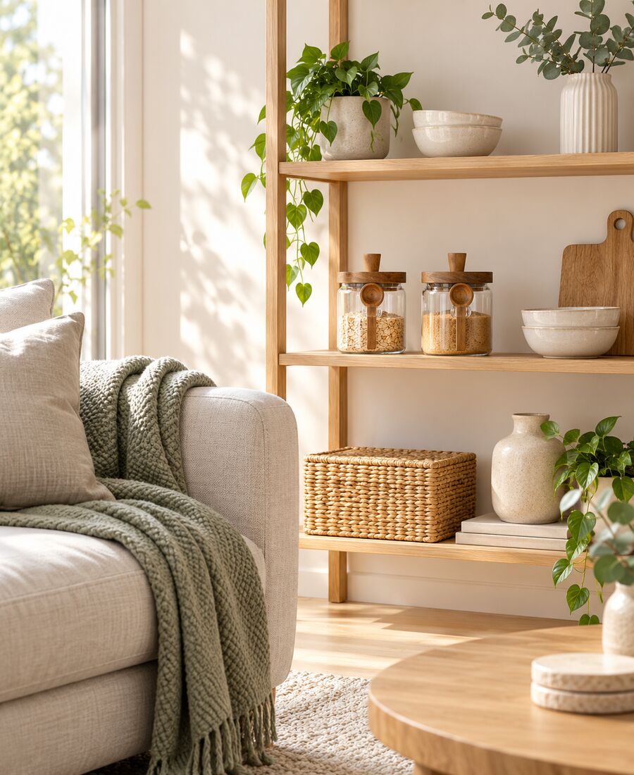 Warm neutral living room with timber shelves, storage jars and a sage throw.