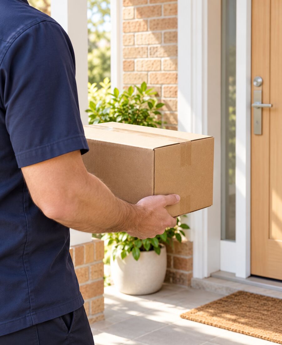 A person carrying a cardboard parcel to a brick house entrance.